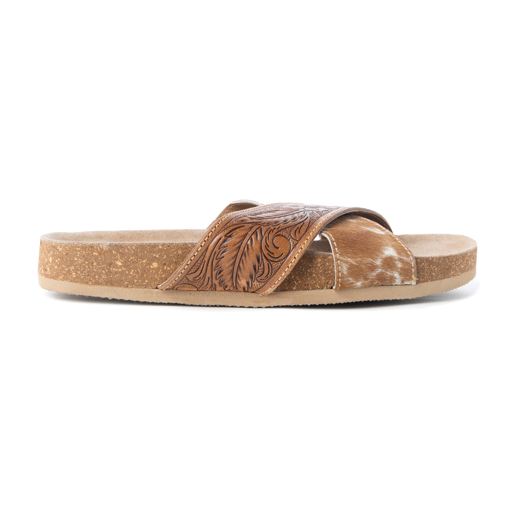 Myra Prairie Handtooled Leather Slide Sandals for Women â€“ Floral Western Design, Soft Cork Footbed for Comfort - Myra USA
