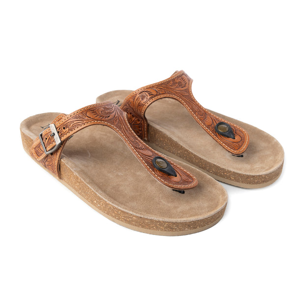 Myra Rosie Trail Handtooled Leather Sandals for Women – Cork Sole, Toe Ring Design for All-Day Comfort - Myra USA