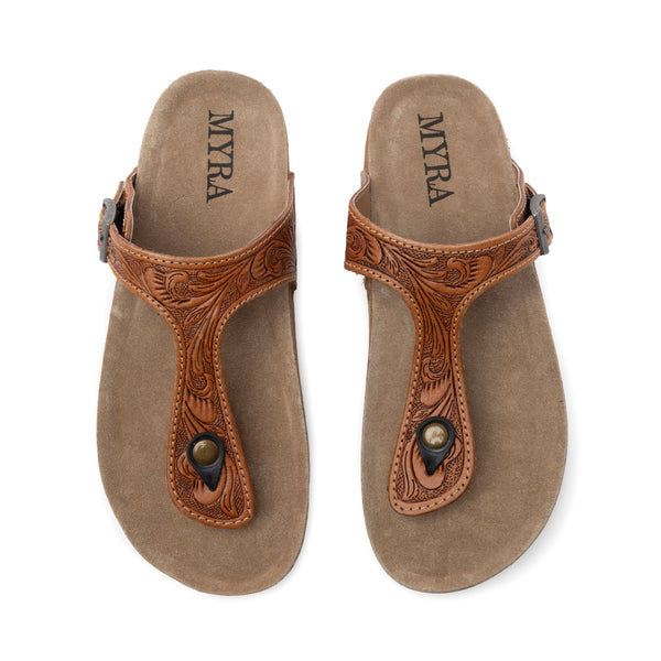 Myra Rosie Trail Handtooled Leather Sandals for Women – Cork Sole, Toe Ring Design for All-Day Comfort - Myra USA