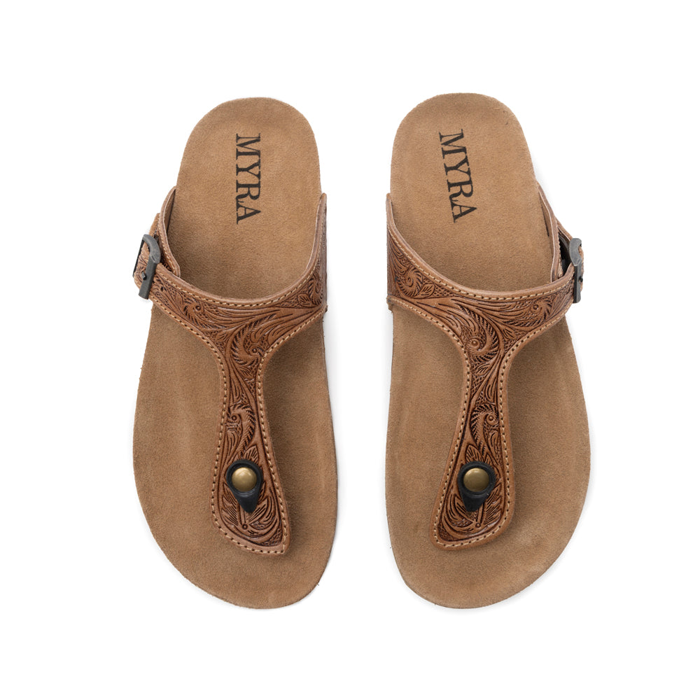 Myra Sadie Mesa Leather Slides for Women - Cushioned Cork Sole, Floral Tooled Finish for Everyday Elegance - Myra USA