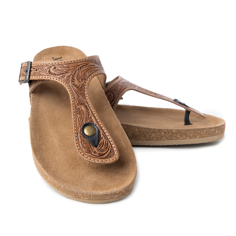Myra Sadie Mesa Leather Slides for Women - Cushioned Cork Sole, Floral Tooled Finish for Everyday Elegance - Myra USA