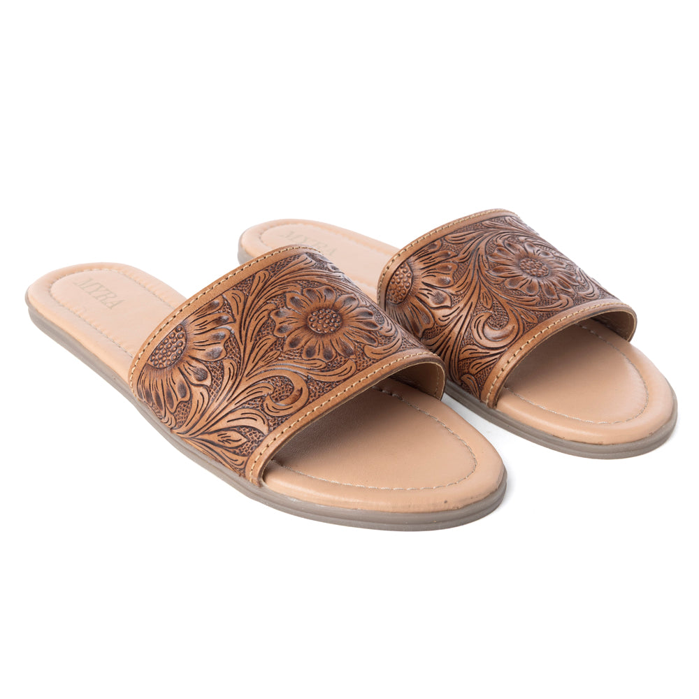 Myra Xena Leather Sandals for Women - Handtooled Floral Pattern Slip-on Sandals for Everyday Bohemian Comfort - Myra USA