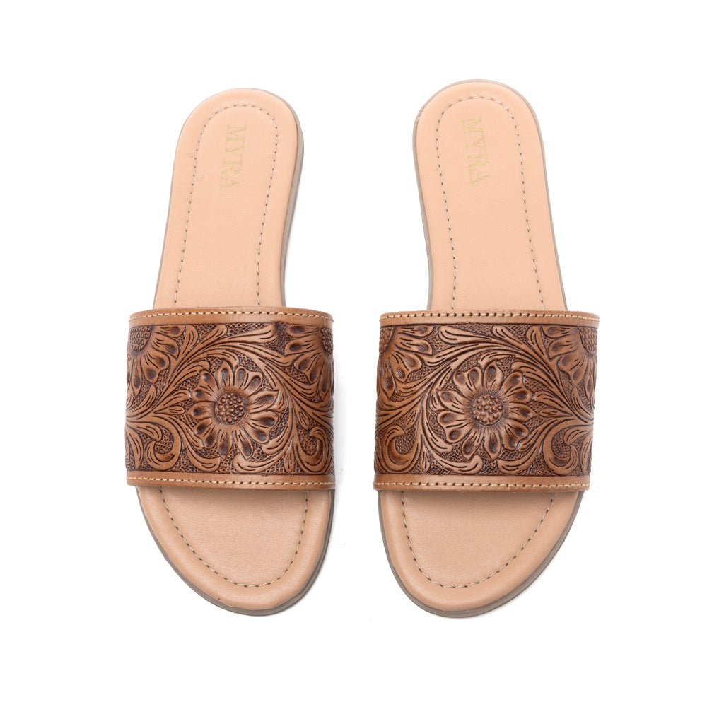 Myra Xena Leather Sandals for Women - Handtooled Floral Pattern Slip-on Sandals for Everyday Bohemian Comfort - Myra USA