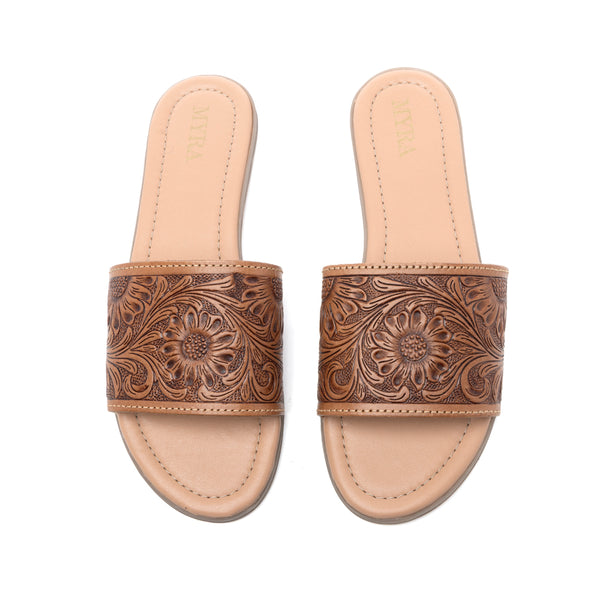 Myra Xena Leather Sandals for Women - Handtooled Floral Pattern Slip-on Sandals for Everyday Bohemian Comfort - Myra USA