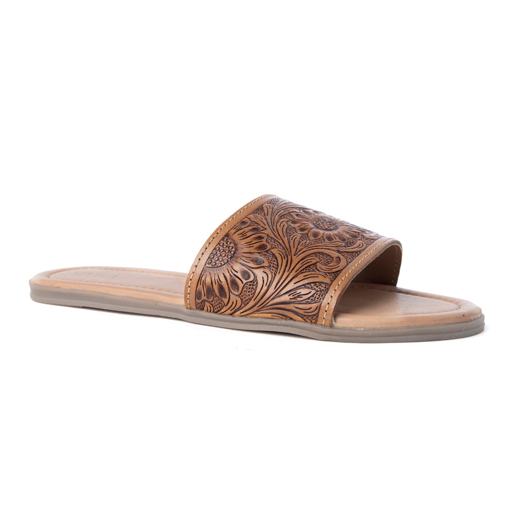 Myra Xena Leather Sandals for Women - Handtooled Floral Pattern Slip-on Sandals for Everyday Bohemian Comfort - Myra USA