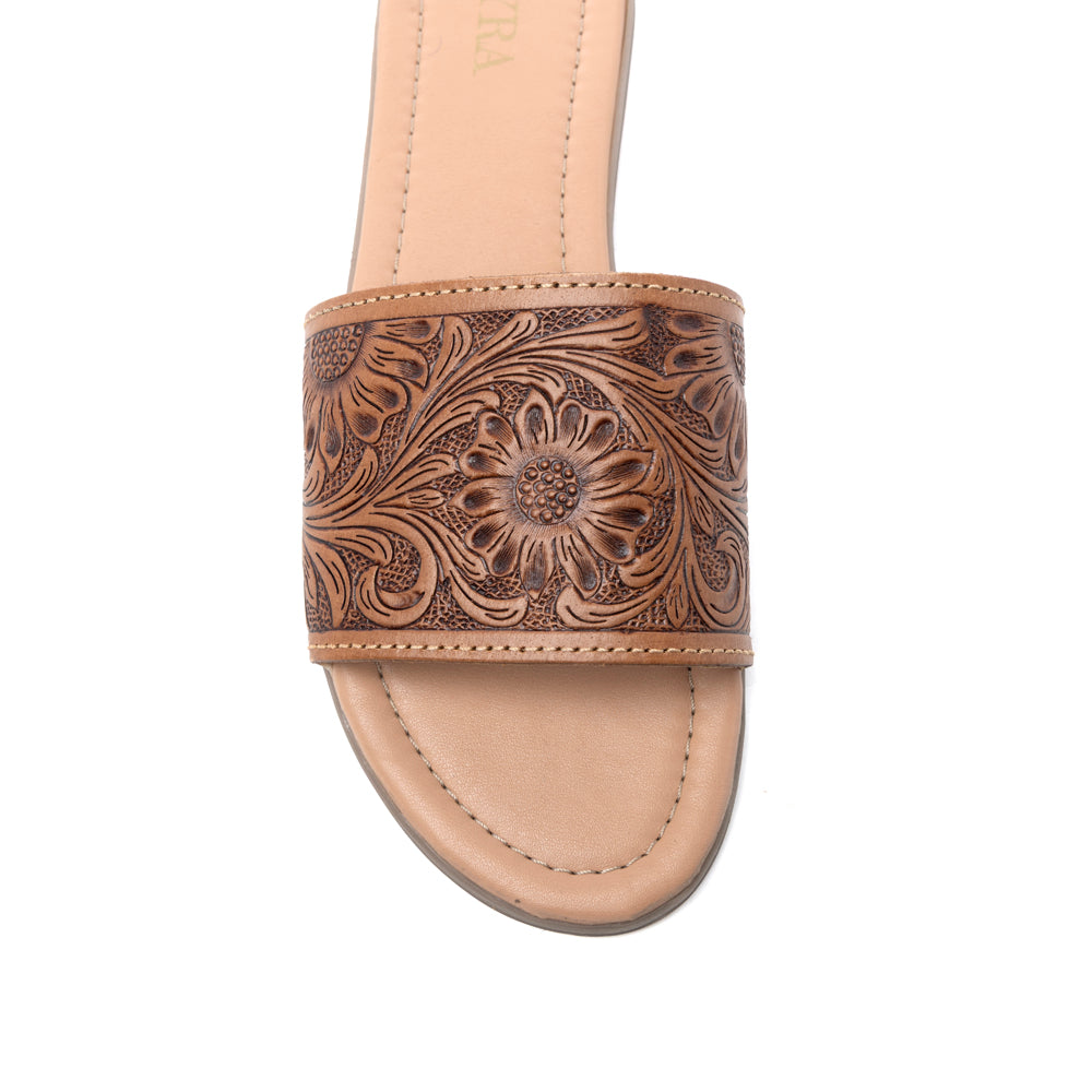 Myra Xena Leather Sandals for Women - Handtooled Floral Pattern Slip-on Sandals for Everyday Bohemian Comfort - Myra USA