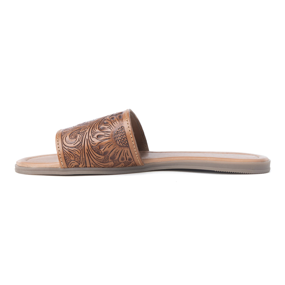 Myra Xena Leather Sandals for Women - Handtooled Floral Pattern Slip-on Sandals for Everyday Bohemian Comfort - Myra USA