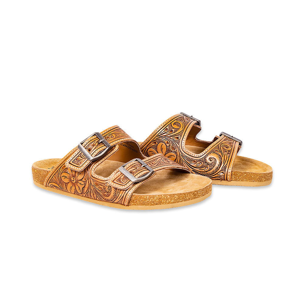 Handtooled Cowgirl Sandals in brown colour with embossed pattern