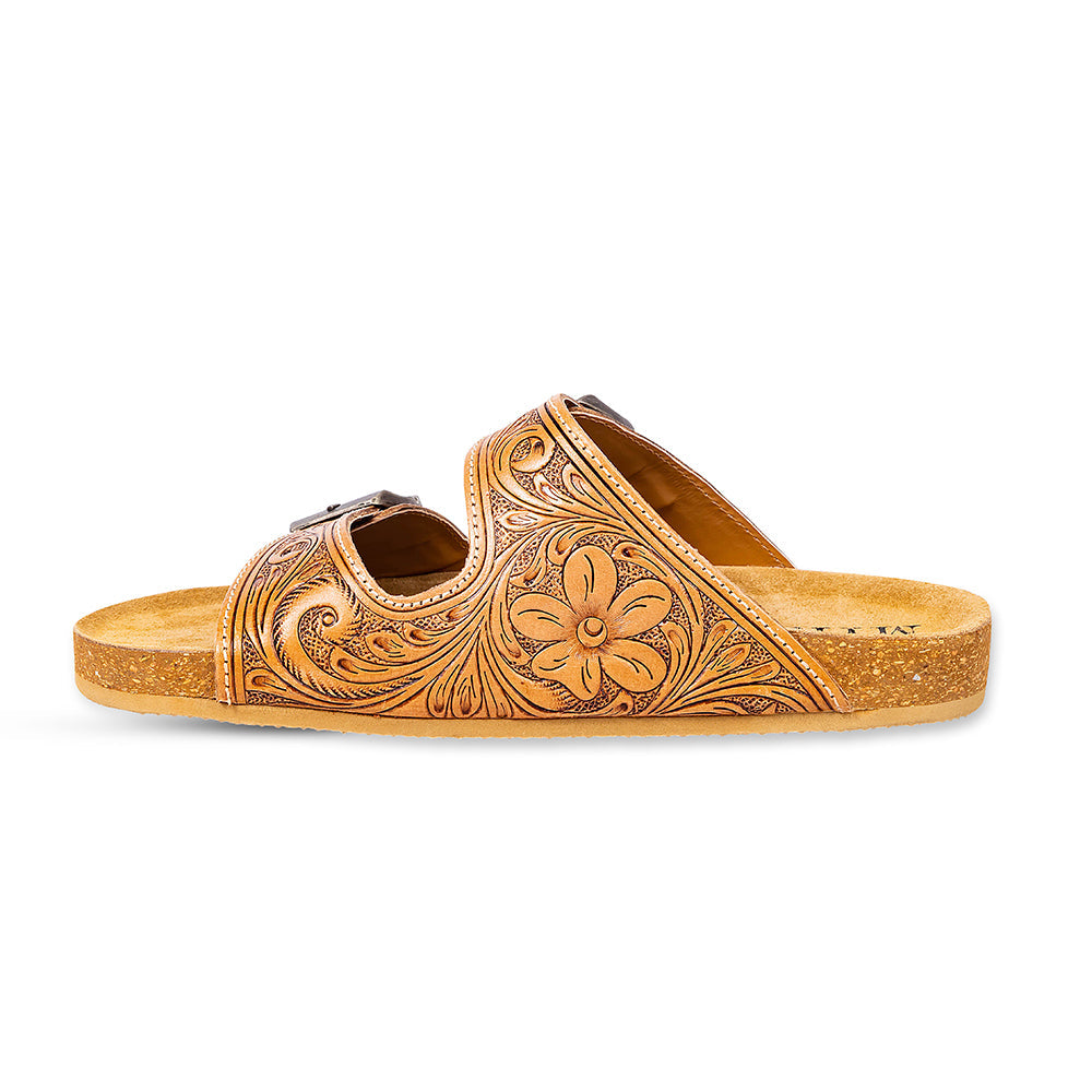 Handtooled Cowgirl Sandals in brown colour with embossed pattern
