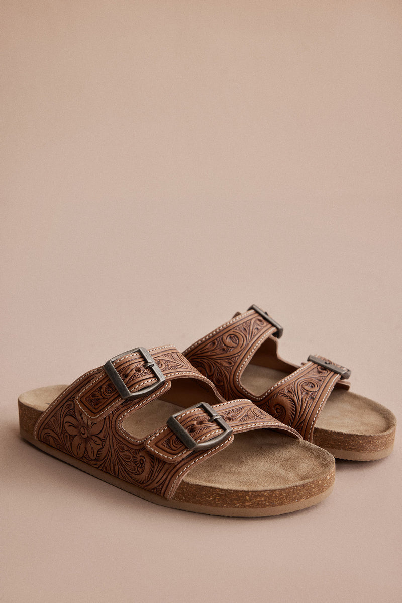 Handtooled Cowgirl Sandals in brown colour with embossed pattern