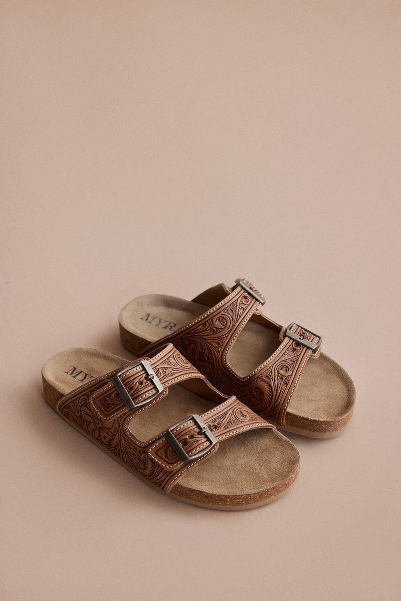 Handtooled Cowgirl Sandals in brown colour with embossed pattern