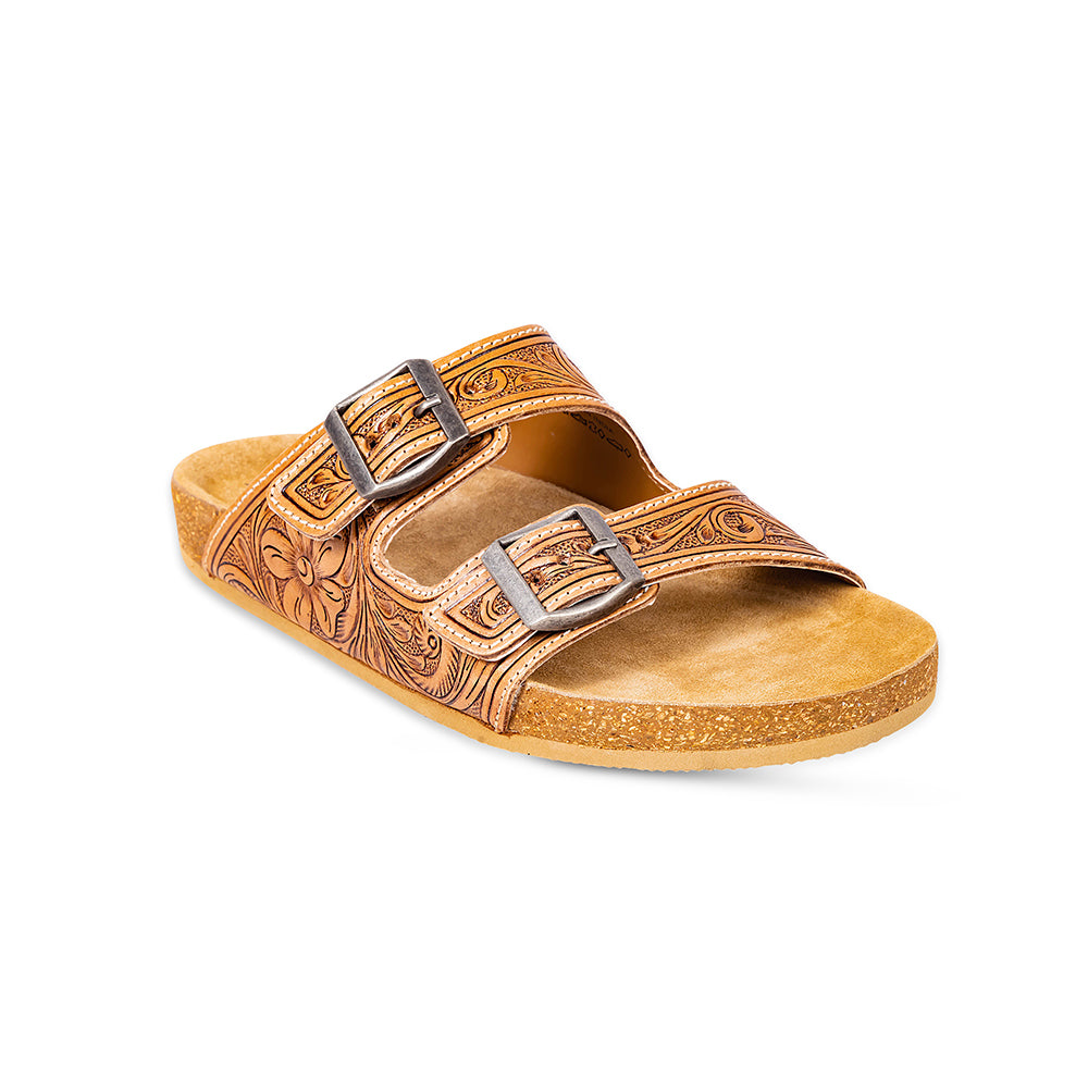 Handtooled Cowgirl Sandals in brown colour with embossed pattern