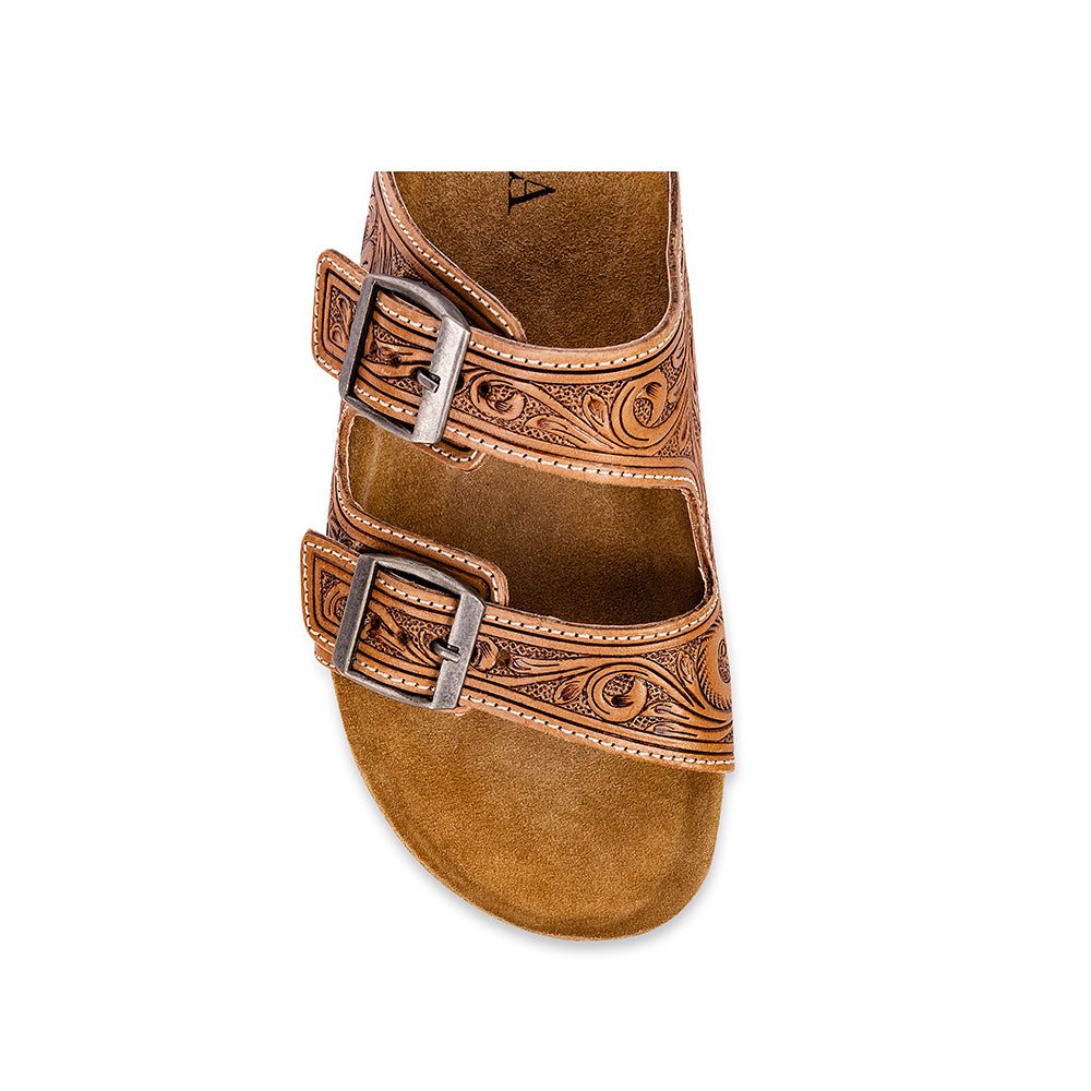Handtooled Cowgirl Sandals in brown colour with embossed pattern