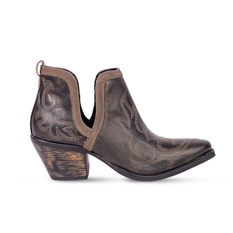 Dark brown cowgirl booties with a pointed toe and a small heel