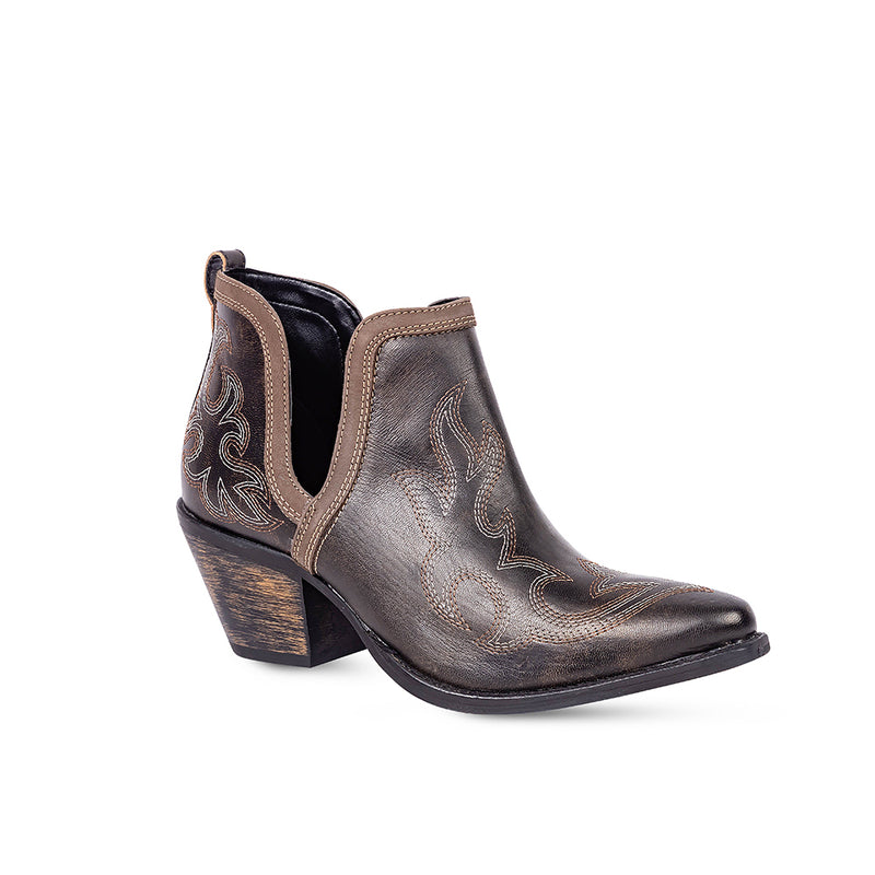 Dark brown cowgirl booties with a pointed toe and a small heel