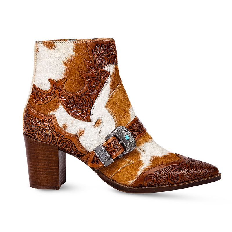 Western booties with white and brown cowhide