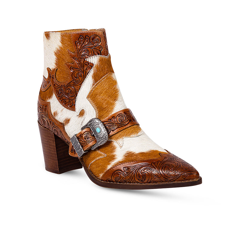 Western booties with white and brown cowhide