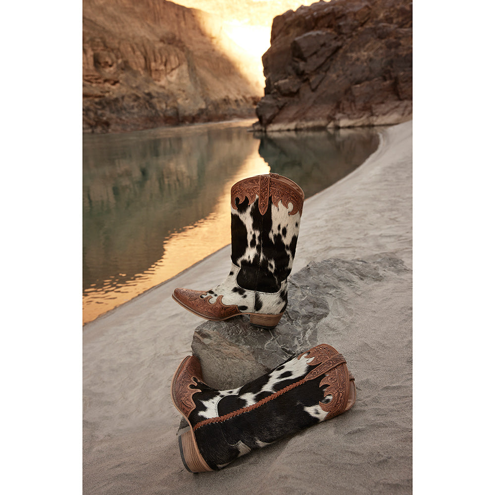 Tall Handtooled leather Cowgirl Boots with black and white hairon cowhide