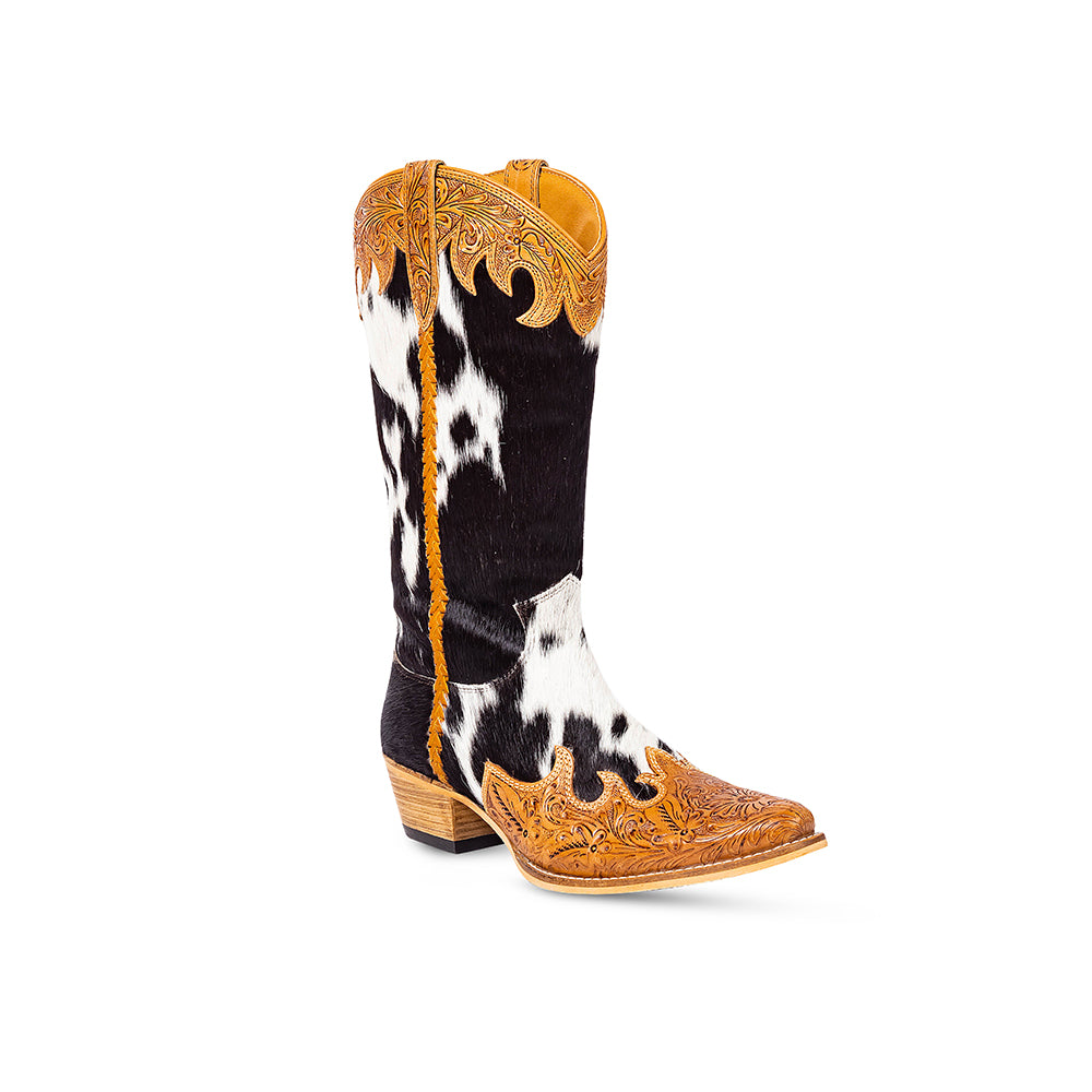 Tall Handtooled leather Cowgirl Boots with black and white hairon cowhide