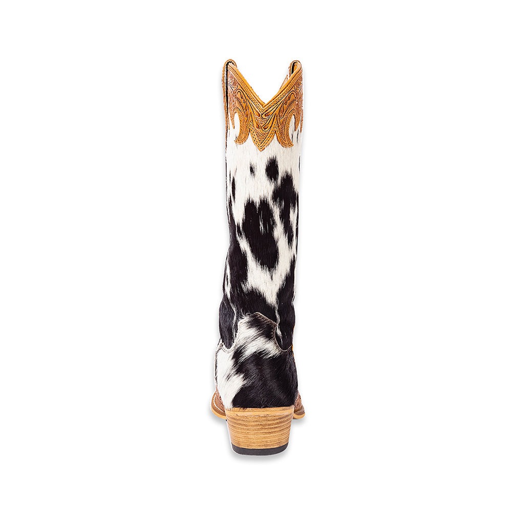 Tall Handtooled leather Cowgirl Boots with black and white hairon cowhide