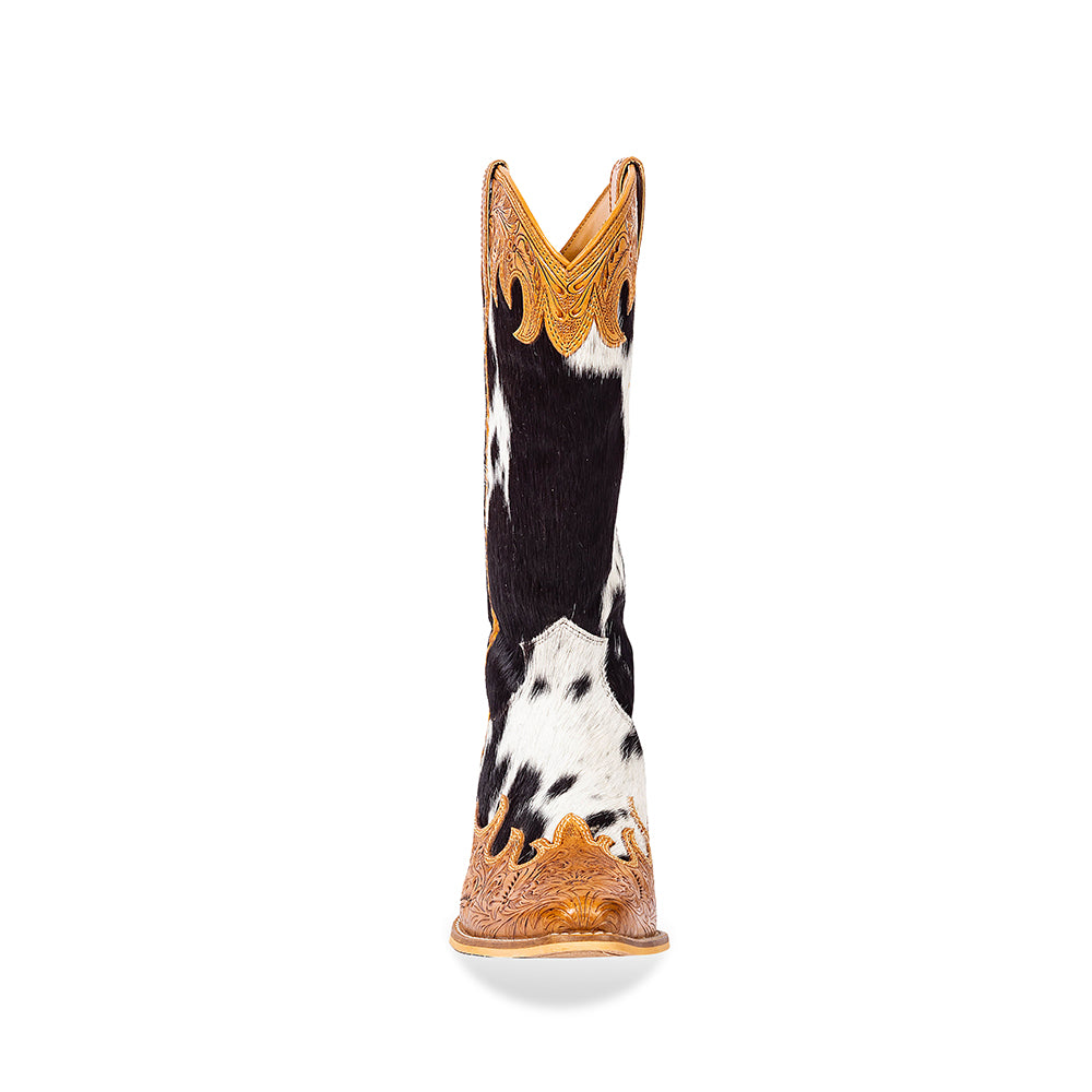 Tall Handtooled leather Cowgirl Boots with black and white hairon cowhide