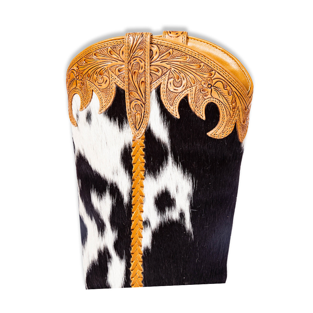 Tall Handtooled leather Cowgirl Boots with black and white hairon cowhide