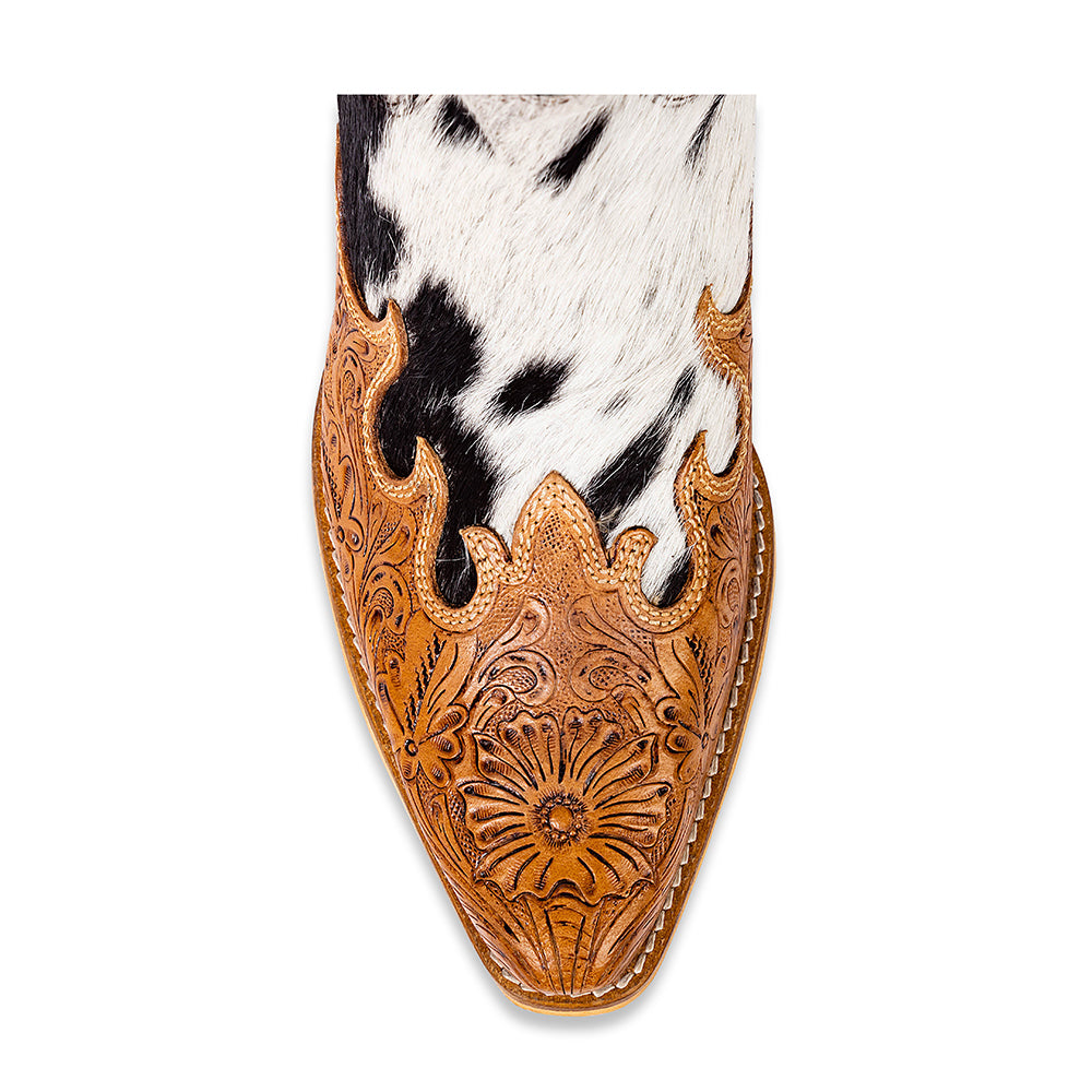 Tall Handtooled leather Cowgirl Boots with black and white hairon cowhide