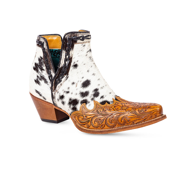 Women's Western Boots with white and black hairon leather and tooled leather