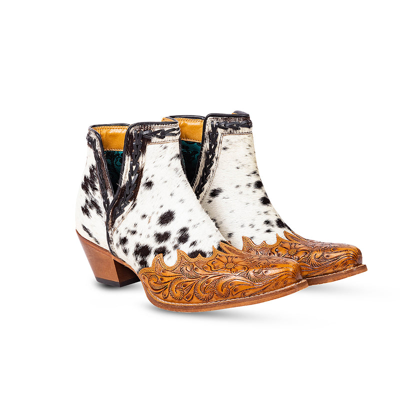 Women's Western Boots with white and black hairon leather and tooled leather