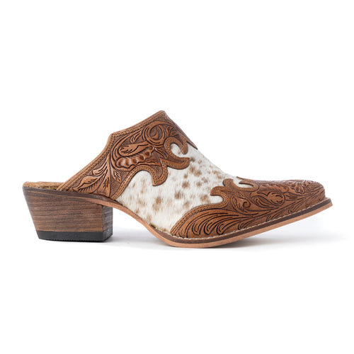 Myra Lacey Leather Mules for Women - Handtooled Leather Mid Top with Hairon Accents for Everyday Rodeo Elegance - Myra USA