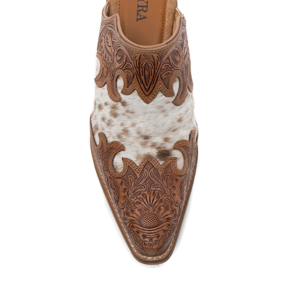 Myra Lacey Leather Mules for Women - Handtooled Leather Mid Top