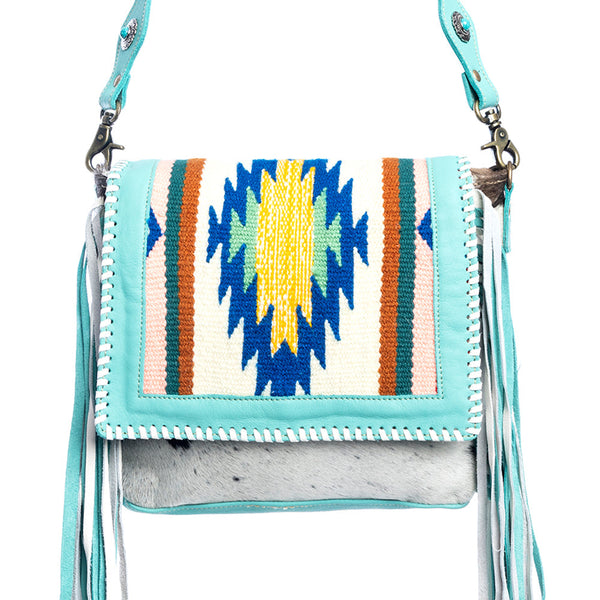 Zunia Leather & Hairon Bag in Turquoise - Myra USA