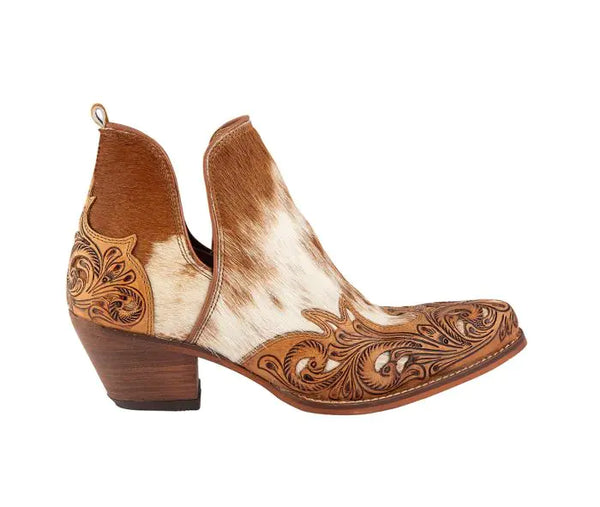 Genuine Hairon Cowhide Booties with a pointed toe and a short heel