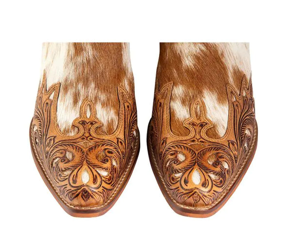 Genuine Hairon Cowhide Booties with a pointed toe and a short heel