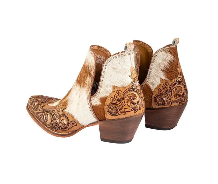 Genuine Hairon Cowhide Booties with a pointed toe and a short heel