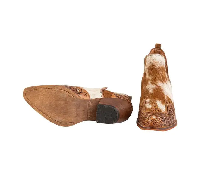 Genuine Hairon Cowhide Booties with a pointed toe and a short heel