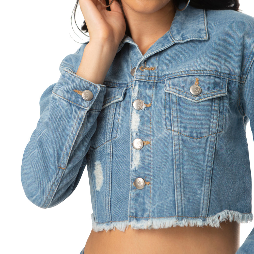 Crop Distressed Denim Jacket - MyraUSA