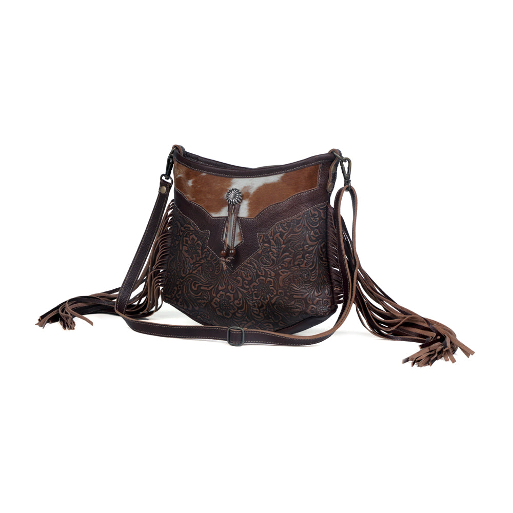 Sculpted Brown Leather & Hairon Bag - Myra USA