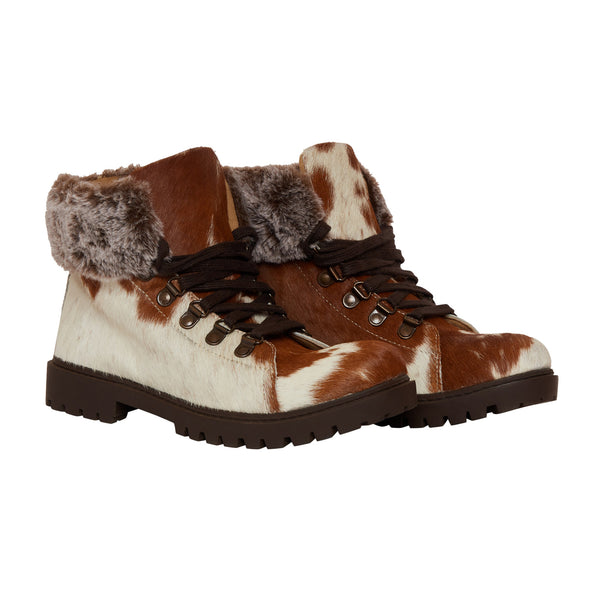 Genuine cowhide boots in brown and white color with a flatform design