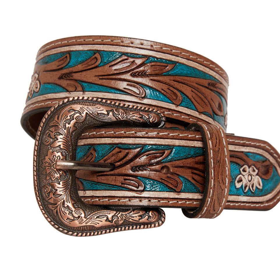 Cobalt Sea Hand-Tooled  Leather Women's Belt - MyraUSA