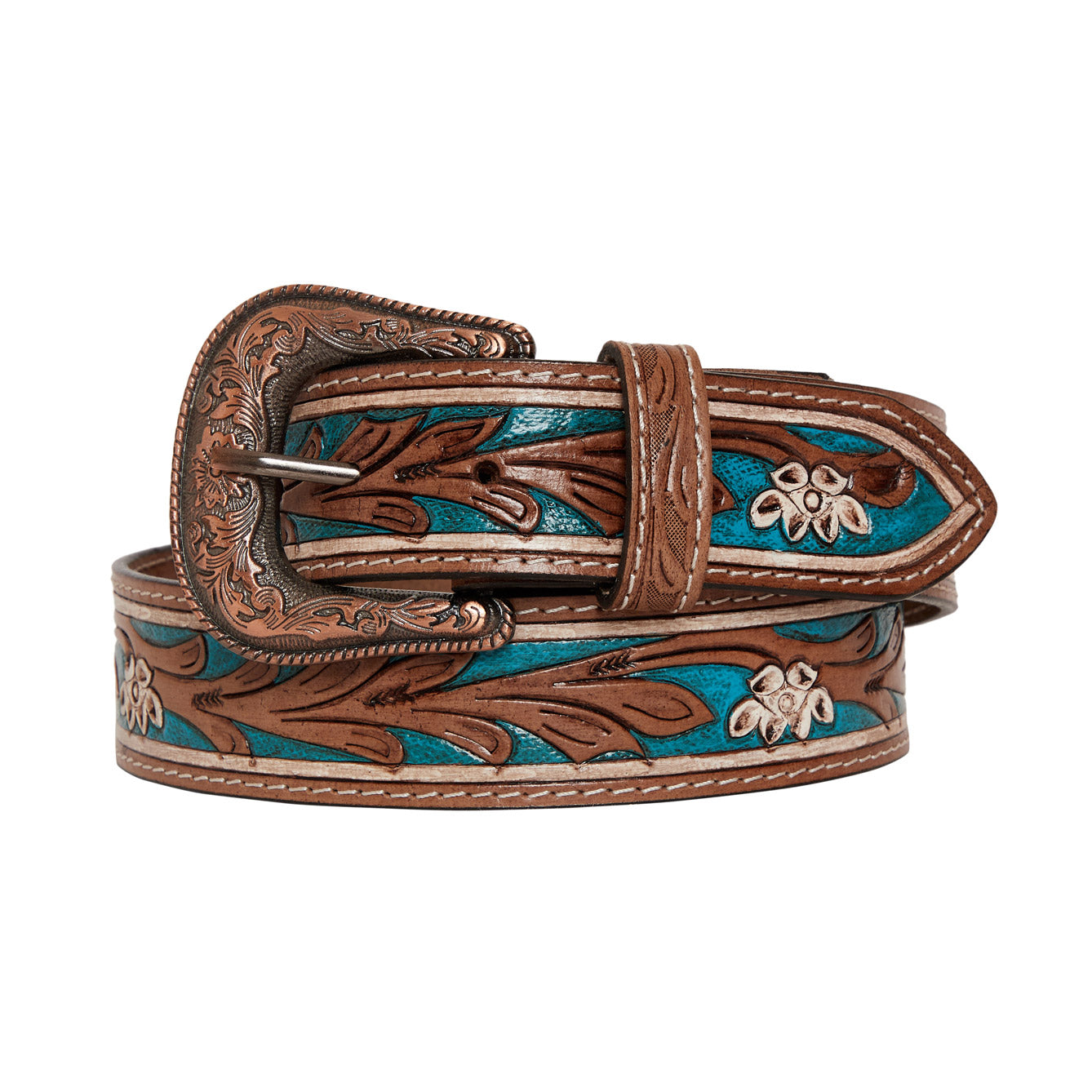 Cobalt Sea Hand-Tooled  Leather Women's Belt - MyraUSA