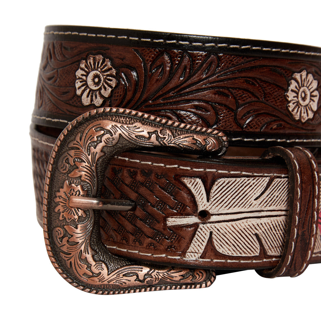 Pink feather Hand-Tooled Leather Women's Belt - MyraUSA