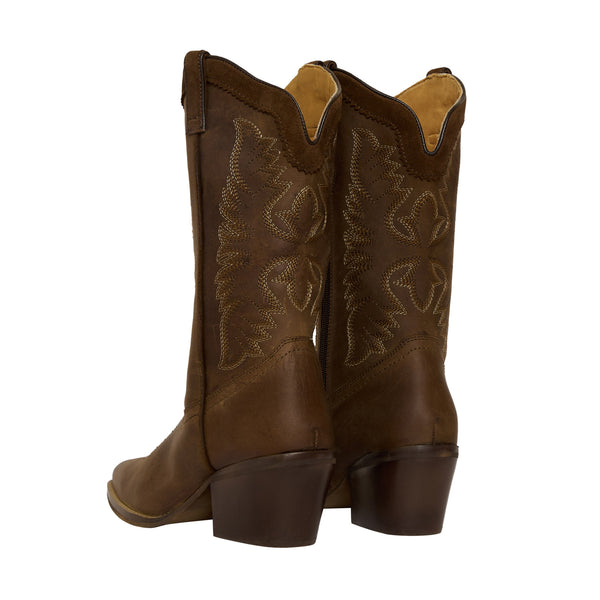 Brown cowgirl boots with pointed toe and a stacked heel