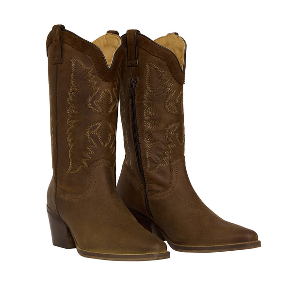 Brown cowgirl boots with pointed toe and a stacked heel