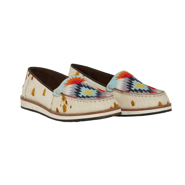 Western canvas shoes with aztec print in multiple colors, including shades of blue, orange, and white