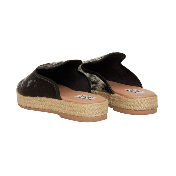 Western canvas shoes for women in black and white hairon leather and braided jute detailing