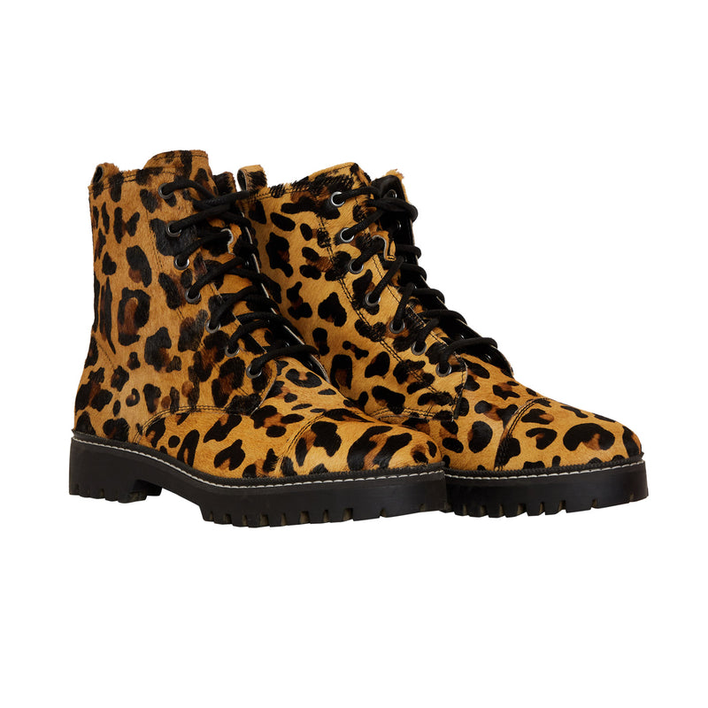 Women's Western Boots with a leopard print, black laces and a black sole