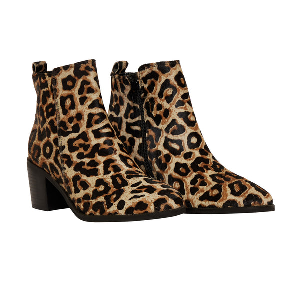 Leopard print Women's Western Boots with black zipper on the inner sides and a block heel