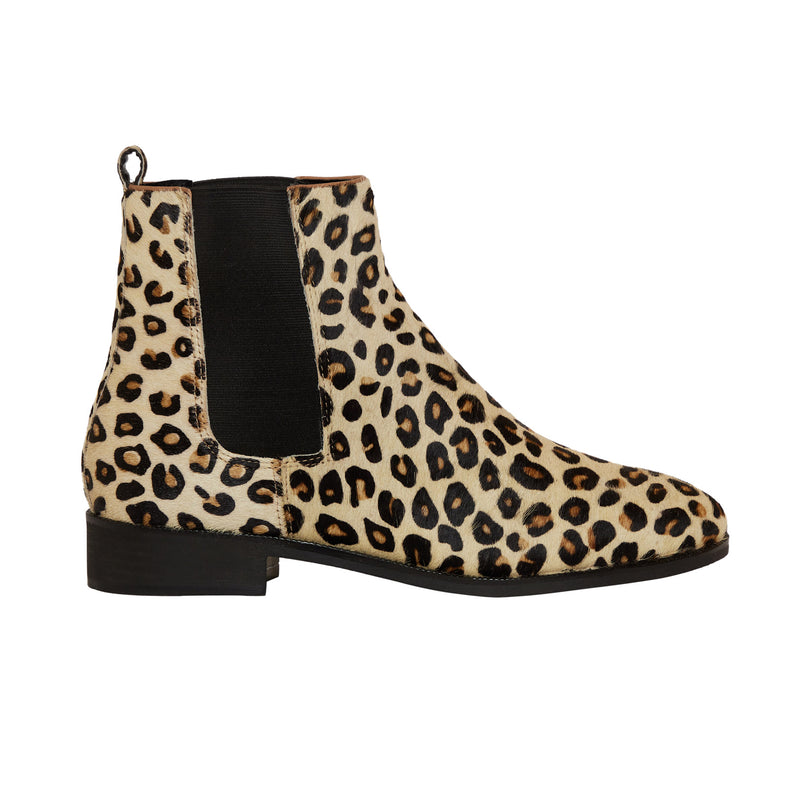 Women's Western Boots with a leopard print design in low heel, including a black elastic side panel