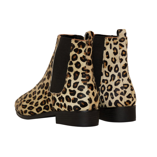 Women's Western Boots with a leopard print design in low heel, including a black elastic side panel